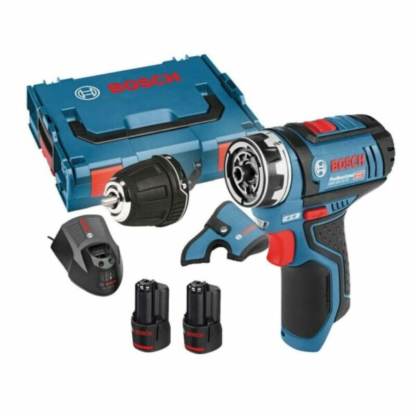 GSR 12V-15 FC 12V FlexiClick Drill Driver with GFA 12-B Chuck Attachment 2X 2.0AH Batteries and Charger in L-BOXX Case - 0 601 9F6 071